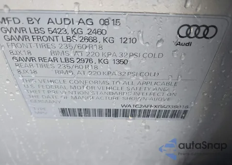 2016 Audi Q5 2.0T Premium из США, поврежденный, VIN WA1C2AFPXGA039016